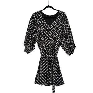 LAUNDRY by‎ Shelli Segal Black White Gray Geometric Tie Waist Dress Size 8